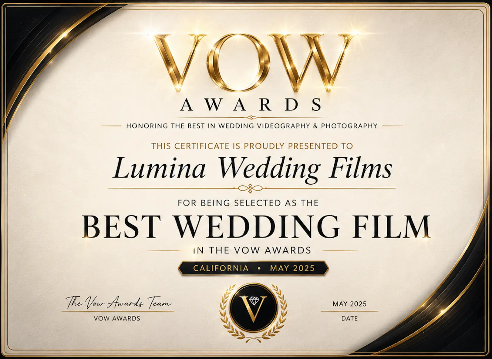 Sample Vow Awards digital certificate